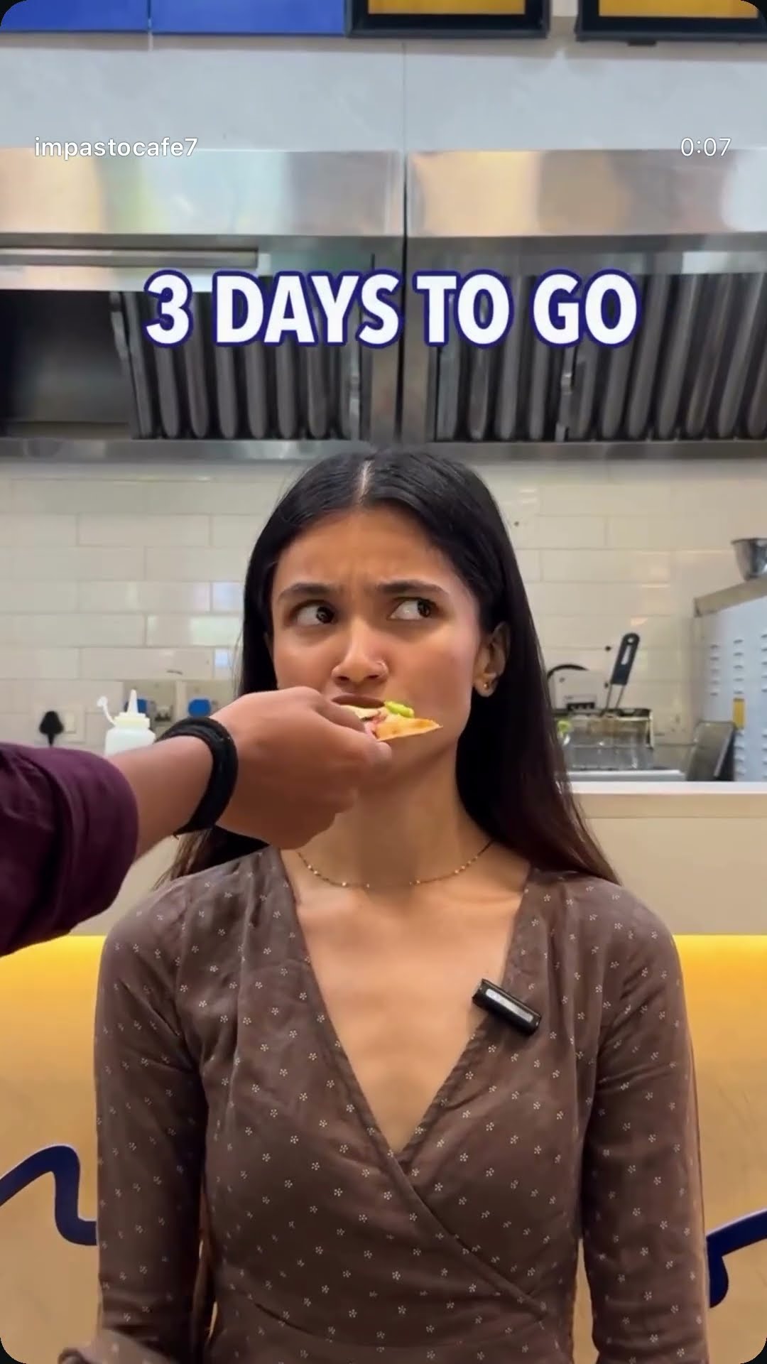 A creator tasting food to camera, captioned three days to go