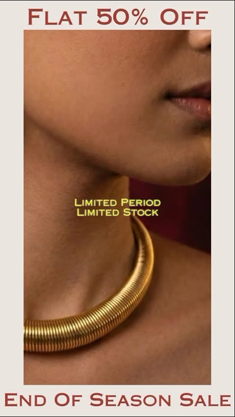 A gold choker necklace worn close up, captioned flat 50% off end of season sale