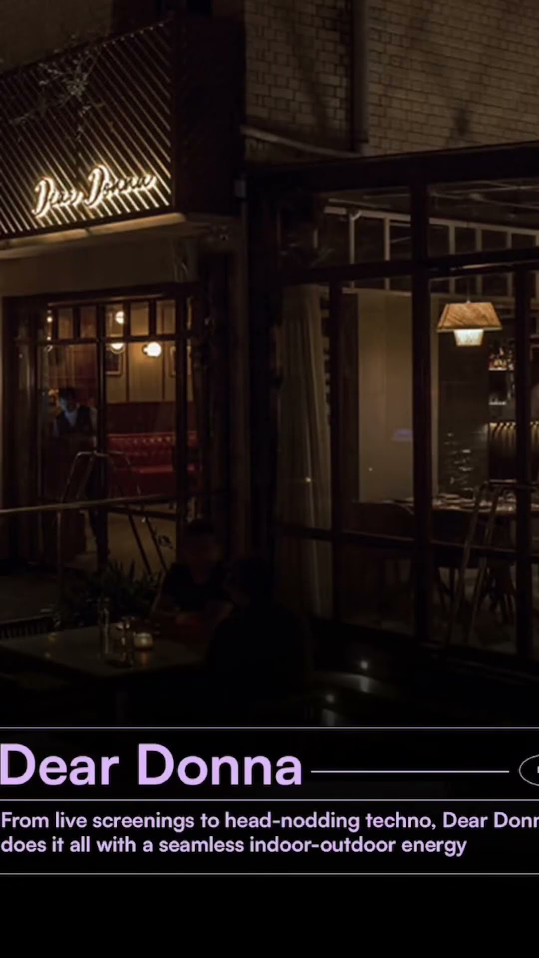 The Dear Donna venue at night, captioned from live screenings to head-nodding techno