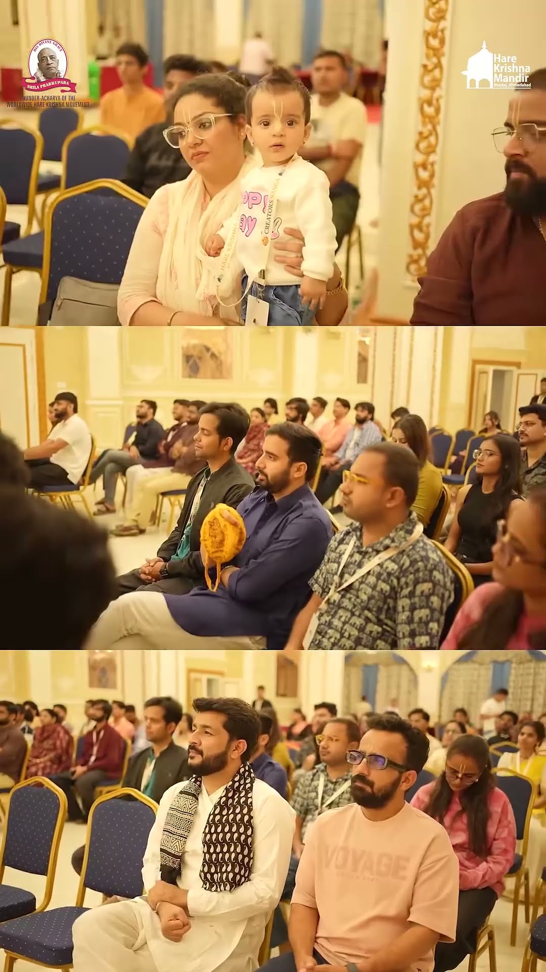 A three panel split of an audience seated at a live event