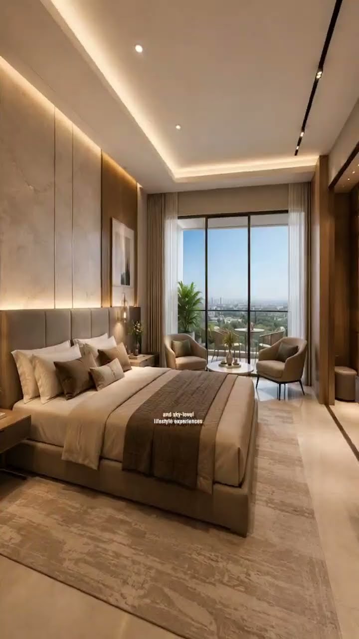 A furnished modern bedroom with floor to ceiling windows overlooking a city